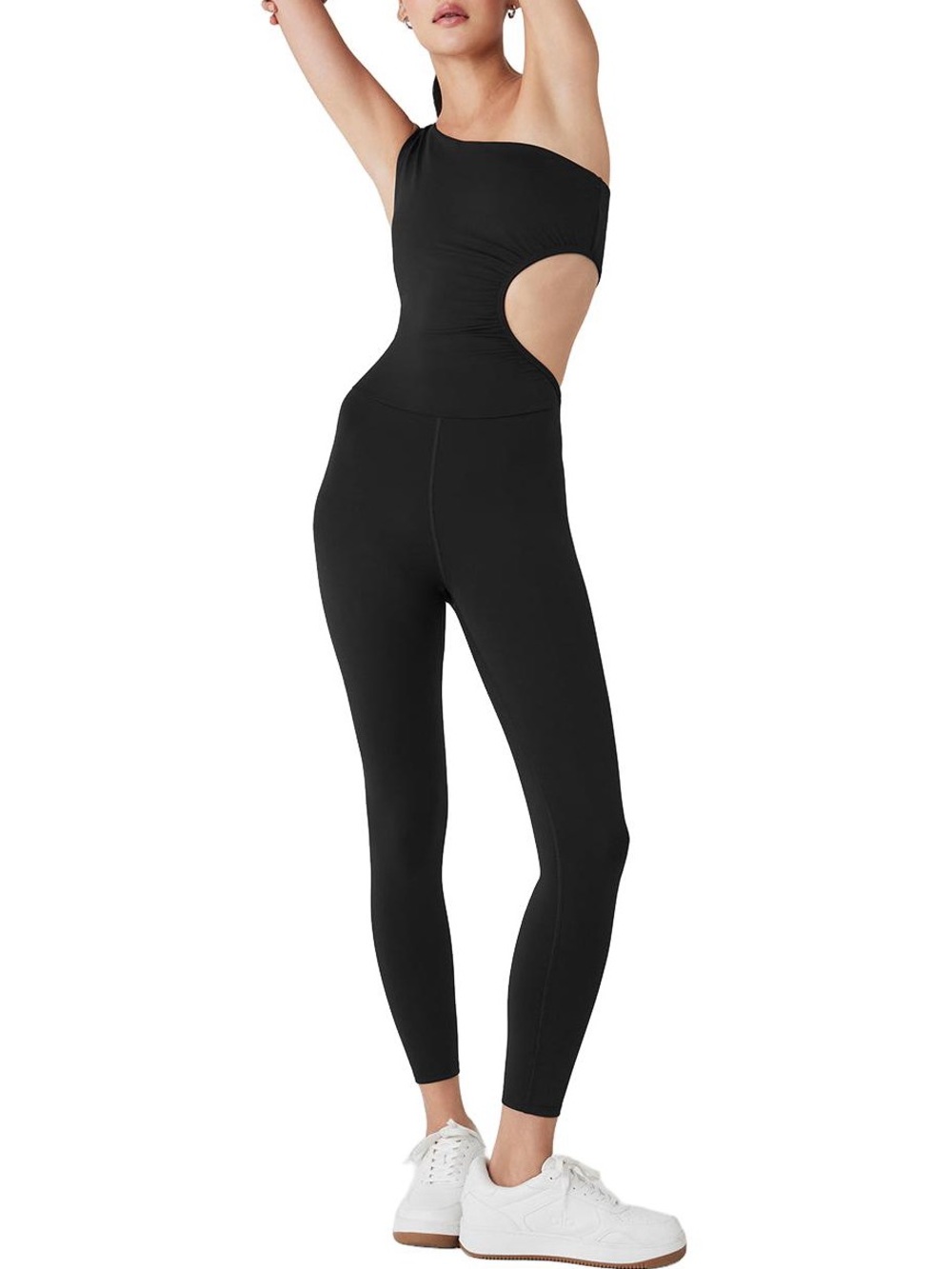 Alo Yoga Airlift 7/8 Decadent Bodysuit Black Size S Cutout One Shoulder Onesie